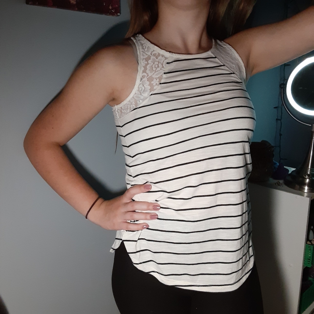 White and black striped lace tank